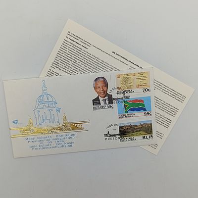 Mandela set with 6.3b FDC  6.3c FDC with proof R5 1994 Inauguration R5 2000 Mandela R5  2008 Mandela R5