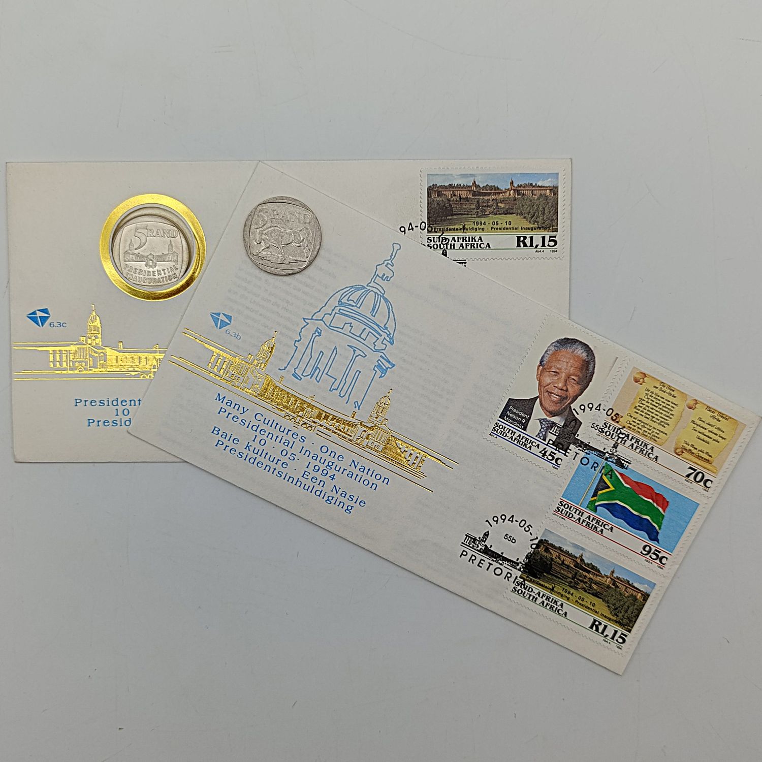 Mandela set with FDC 6.3b inauguration, FDC 6.3c with proof R5 plus year 2000 R5 Mandela