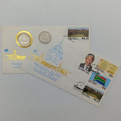 Mandela set with FDC 6.3b inauguration, FDC 6.3c with proof R5 plus year 2000 R5 Mandela