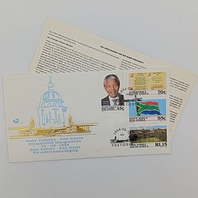 Mandela set with FDC 6.3b inauguration, FDC 6.3c with proof R5 plus year 2000 R5 Mandela