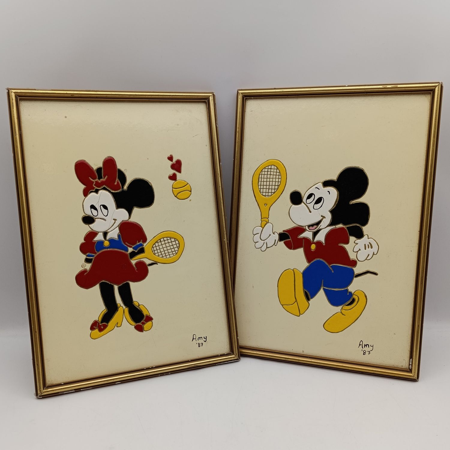 Pair of Mickey Mouse and Minnie Mouse paintings by Amy &#39;87