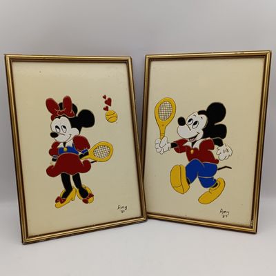 Pair of Mickey Mouse and Minnie Mouse paintings by Amy &#39;87