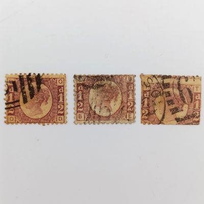 Great Britain SG 48 half penny stamps - lot of 3  Plate 5 Plate 8 Plate 14