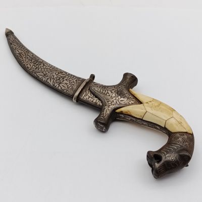 Vintage Indo-Persian damascus dagger with bone handle