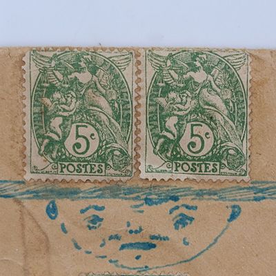 Interesting lot of 30 French 5 Centimes stamps spaced to look like man with hat - addressed to Sub Lt AWM Collger - RAE College - Devonport - not cancelled