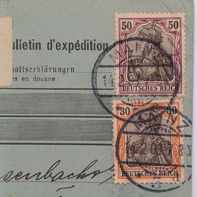 Pair of cancelled Deutsches Reich stamp on card cancelled Mainz 14-02-1903- receiving cancel at back Freiburg 16-02-1903 ( 30 and 50 Pfennig stamps )