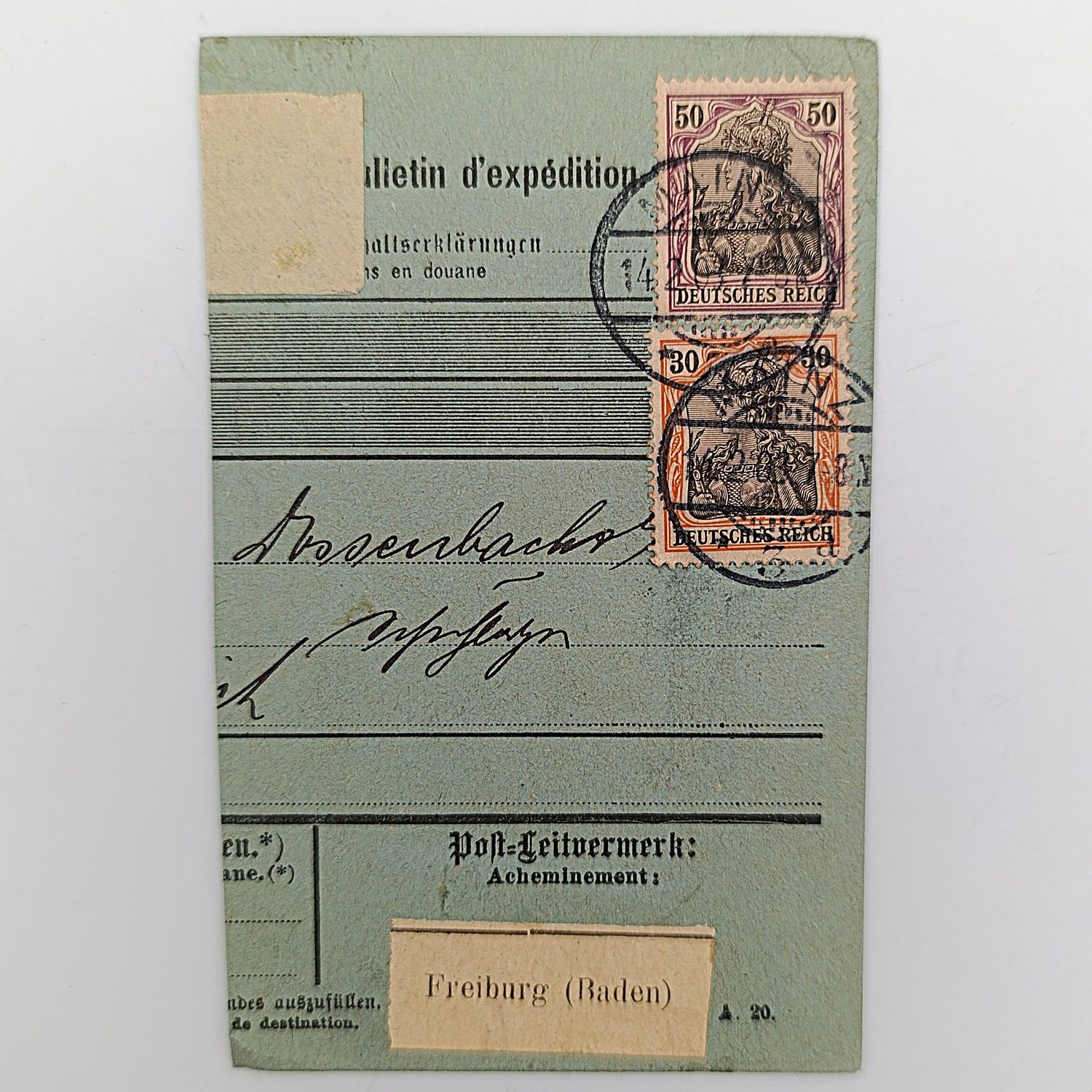 Pair of cancelled Deutsches Reich stamp on card cancelled Mainz 14-02-1903- receiving cancel at back Freiburg 16-02-1903 ( 30 and 50 Pfennig stamps )