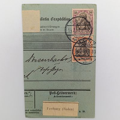 Pair of cancelled Deutsches Reich stamp on card cancelled Mainz 14-02-1903- receiving cancel at back Freiburg 16-02-1903 ( 30 and 50 Pfennig stamps )