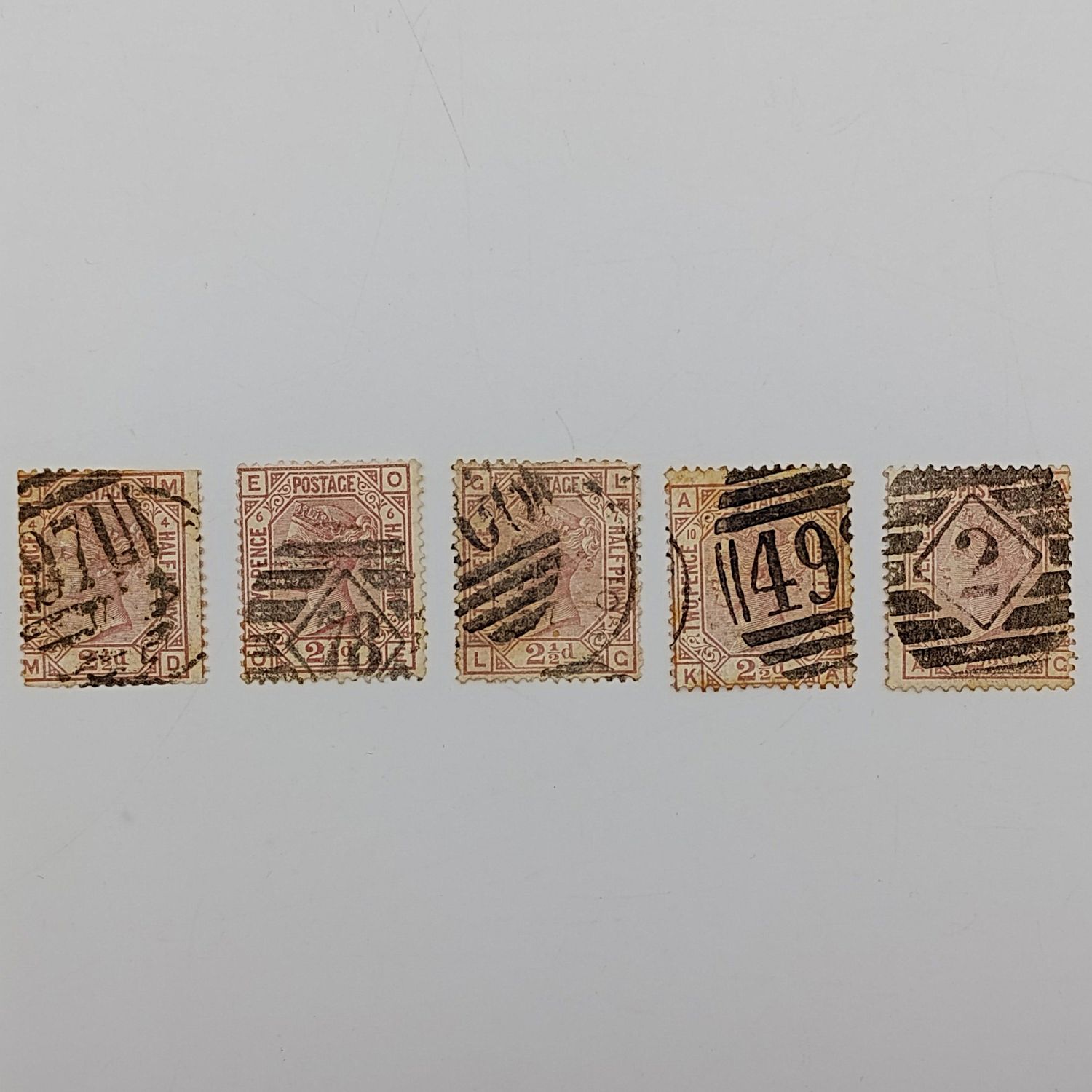 Great Britain 2.5 d SG 141 lot of 5 stamps - plate numbers 4 ,6 7,10,14