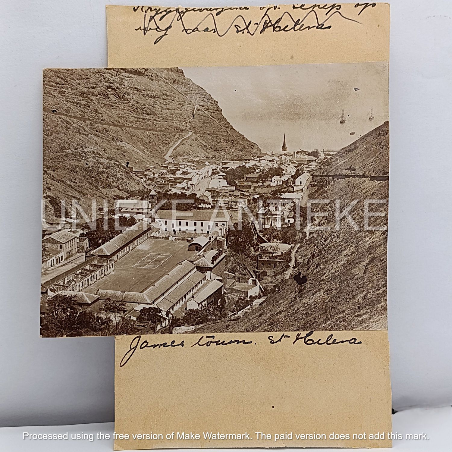 Photo of James Town St Helena, Boer War period - at the back pair of Boer War POW fronts 1) Pretoria to PA Hafner Ladysmith, Natal rerouted to St Helena  2) Pretoria to JJ van Rooijen Deadwood camp