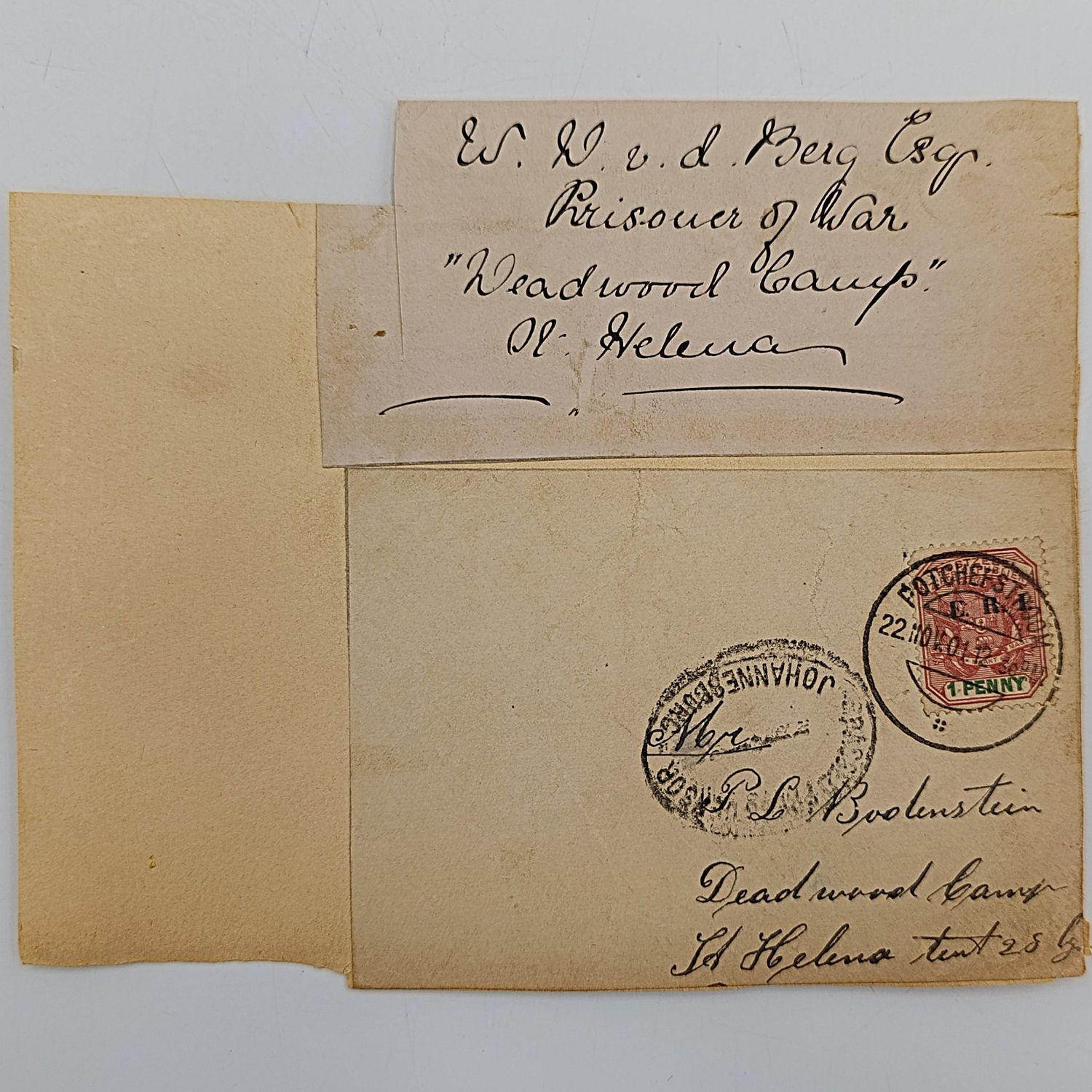 Boer War POW Front Potchefstroom ZAR to PL Bodenstein Deadwood Camp St Helena, Other side a photo of School lessons at St Helena