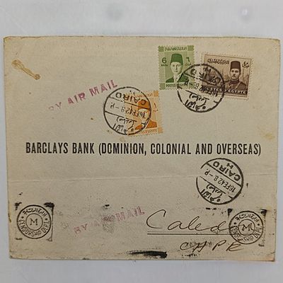Censored WW2 Letter - Egypt to Caledon, South Africa - 3 Egyptian stamps cancelled Cairo 16 Feb 1942 - Airmail and Censor mark