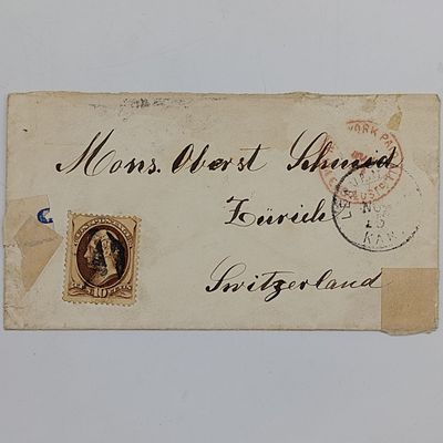 Letter sent New York to Zurich Switzerland 1874 with Thomas Jefferson Scott 161 used on cover - receiving cancel at the back Zurich 5-12-1874