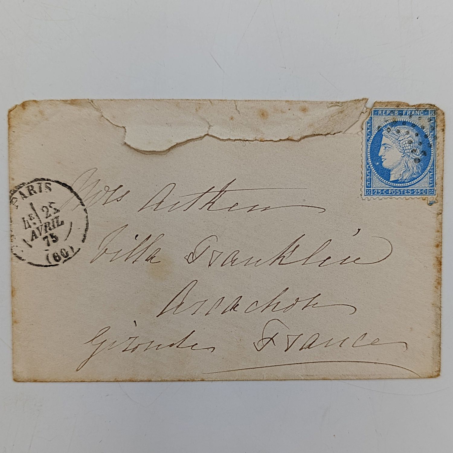 1875 Postal cover from Paris , France to Arcachon, Gironde, France 25c French stamp used - pair of cancelations at the back