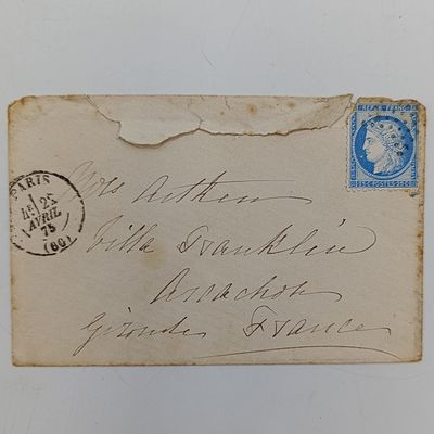 1875 Postal cover from Paris , France to Arcachon, Gironde, France 25c French stamp used - pair of cancelations at the back