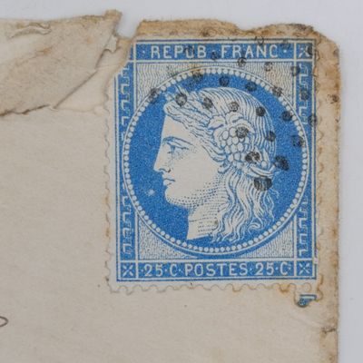 1875 Postal cover from Paris , France to Arcachon, Gironde, France 25c French stamp used - pair of cancelations at the back