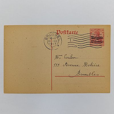 WW1 Brussel Belgian postcard with message posted 11 March 1917 - pre printed German stamp overprinted Belgium - Menage in French