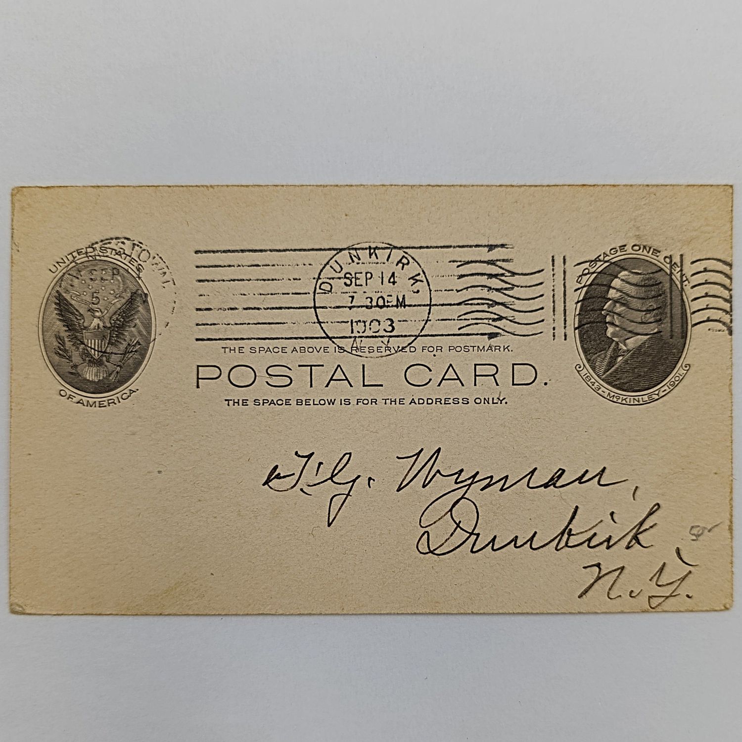 1903 USA postcard with pre printed postage - one cent - posted 14 Sept 1903 in Dunkirk, USA - notice of meeting postponement