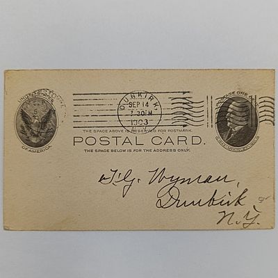 1903 USA postcard with pre printed postage - one cent - posted 14 Sept 1903 in Dunkirk, USA - notice of meeting postponement