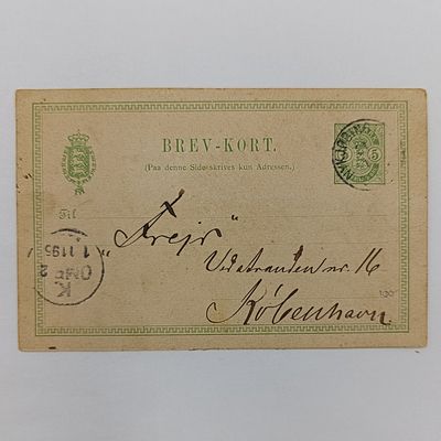 Postcard dated 1 Nov 1895 with pre printed Denmark postage stamp posted to Kopenhage from Nykjobing with message in Danish
