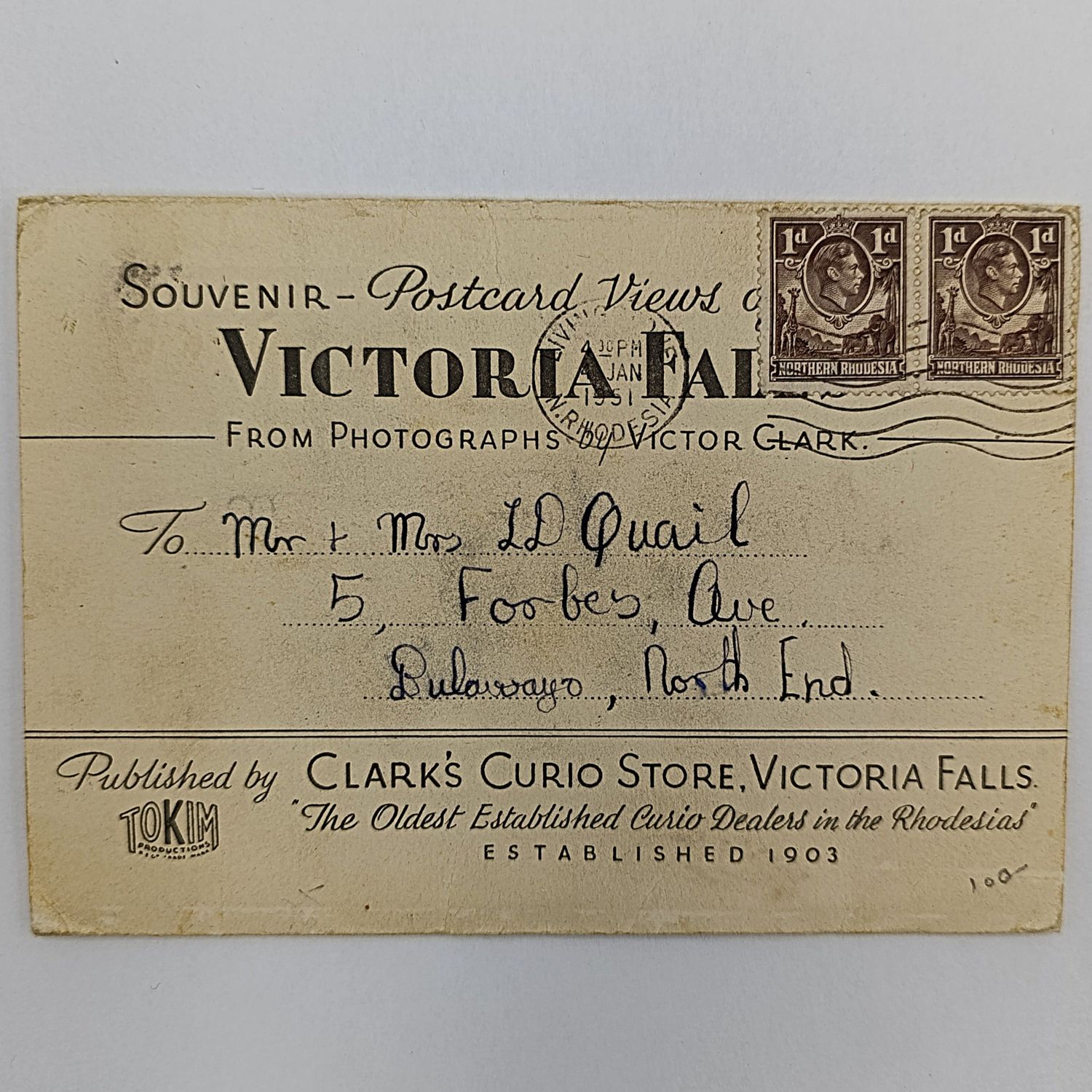 Postcard views of the Victorian Falls posted from Livingston Northern Rhodesia to Bulawayo with 2 x 1d Northern Rhodesia stamps cancelled 4 Jan 1951 - message inside