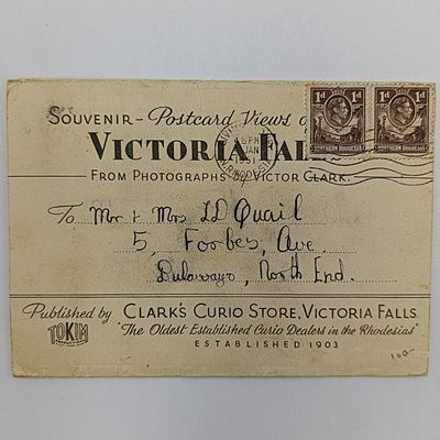 Postcard views of the Victorian Falls posted from Livingston Northern Rhodesia to Bulawayo with 2 x 1d Northern Rhodesia stamps cancelled 4 Jan 1951 - message inside