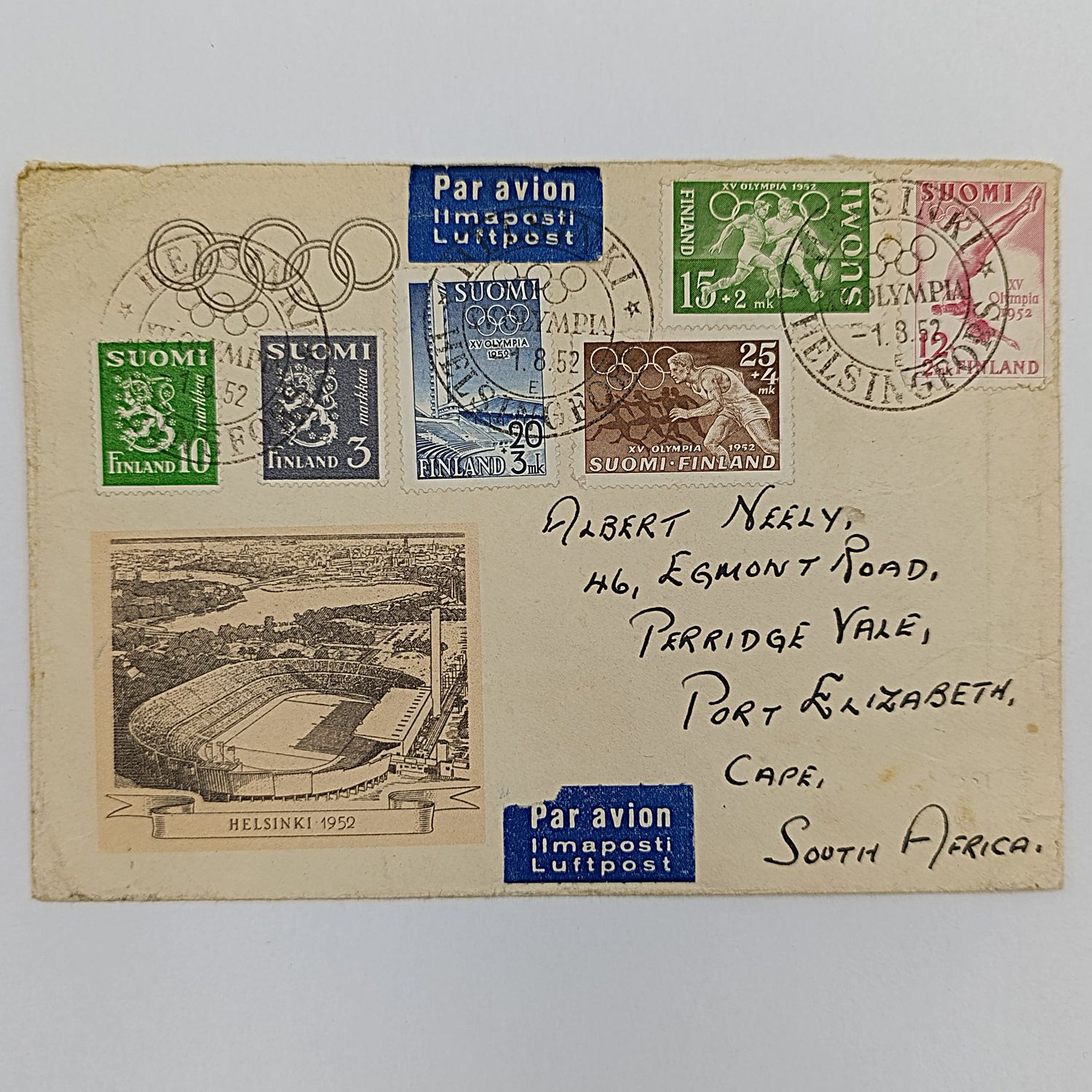Olympic cover Finland to South Africa - posted 1-8-52 from Helsinki to Port Elizabeth Airmail with 6 different Finland stamps - Posted by Miss V Neely c/o six olympic Team