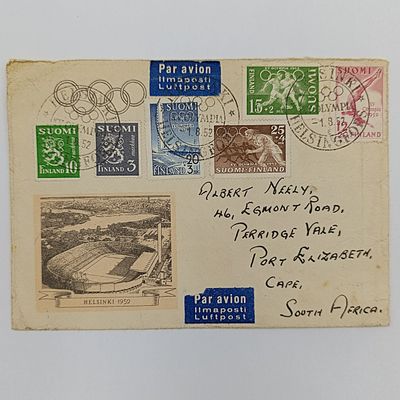 Olympic cover Finland to South Africa - posted 1-8-52 from Helsinki to Port Elizabeth Airmail with 6 different Finland stamps - Posted by Miss V Neely c/o six olympic Team