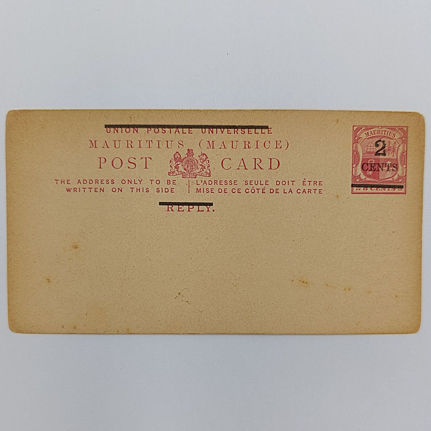 Antique Mauritius unused postcard with pre printed postage of 8 cents overstamped 2 cents
