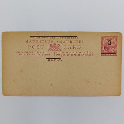 Antique Mauritius unused postcard with pre printed postage of 8 cents overstamped 2 cents