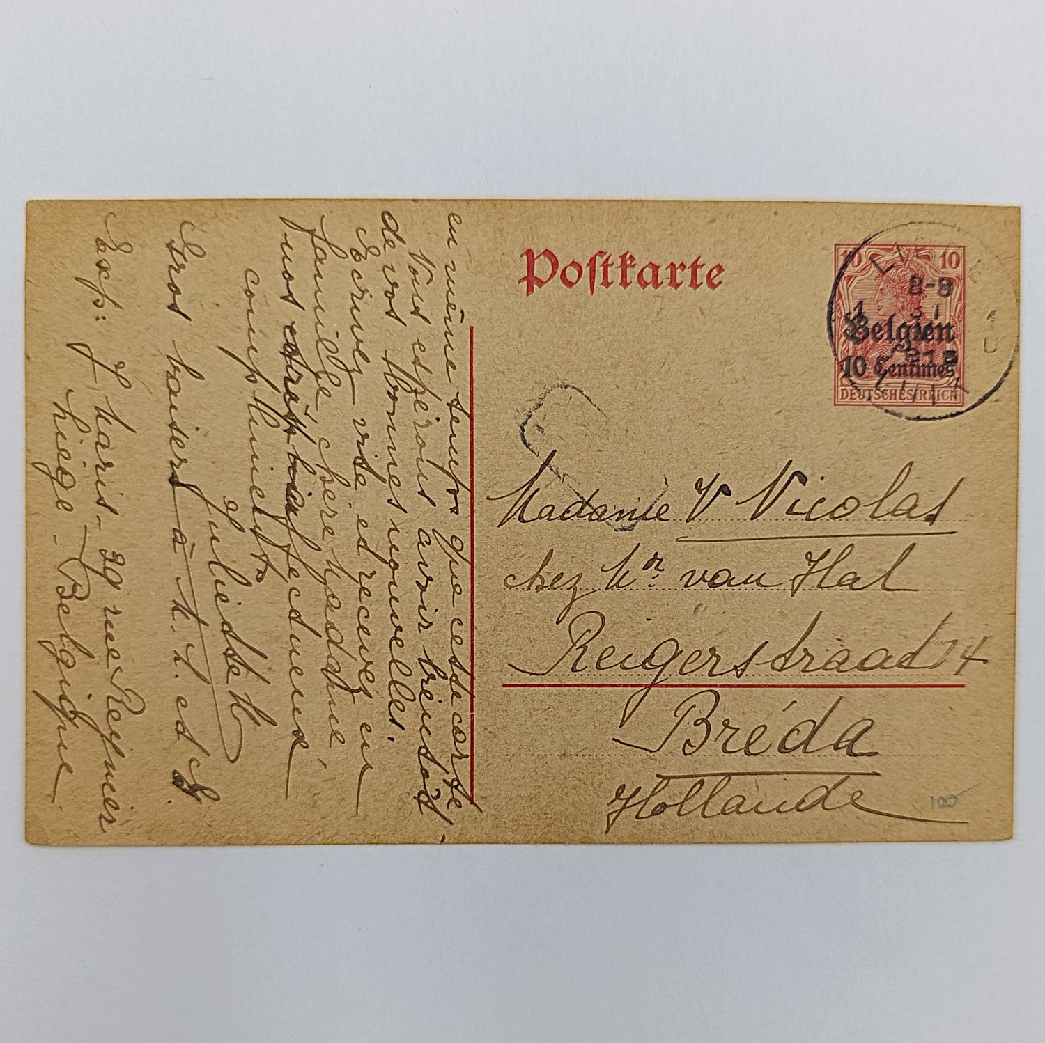 1915 WW1 period postcard Belgium to Holland with pre printed German stamp overprinted Belgium and message in French