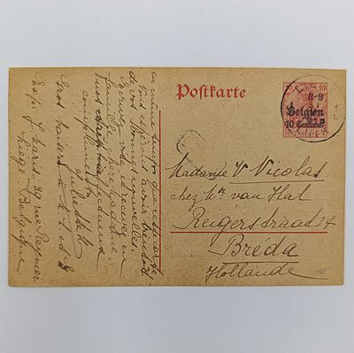 1915 WW1 period postcard Belgium to Holland with pre printed German stamp overprinted Belgium and message in French