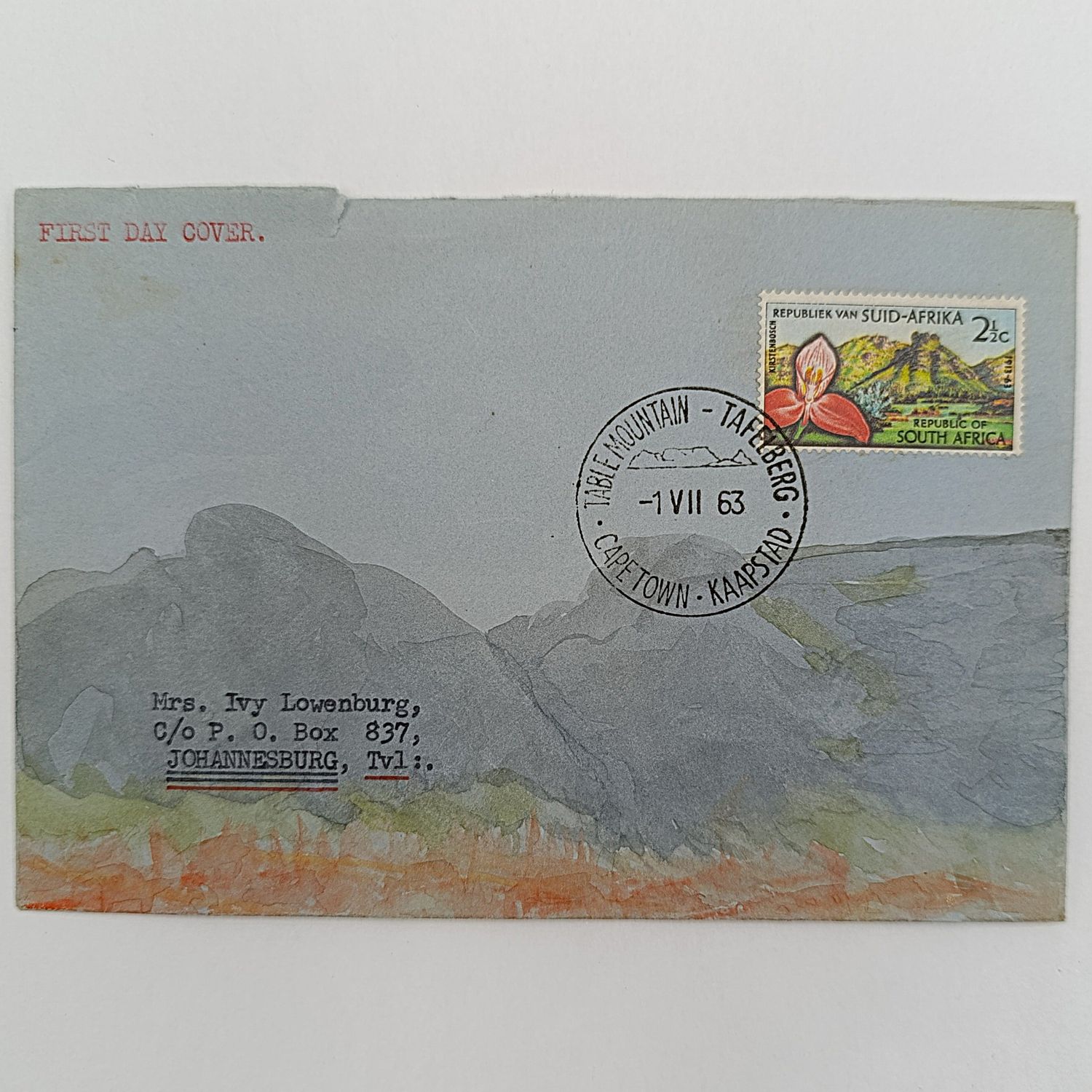 Hand drawn First Day Cover with Disa stamp - posted on Table mountain with First Day useage 1/7/1963