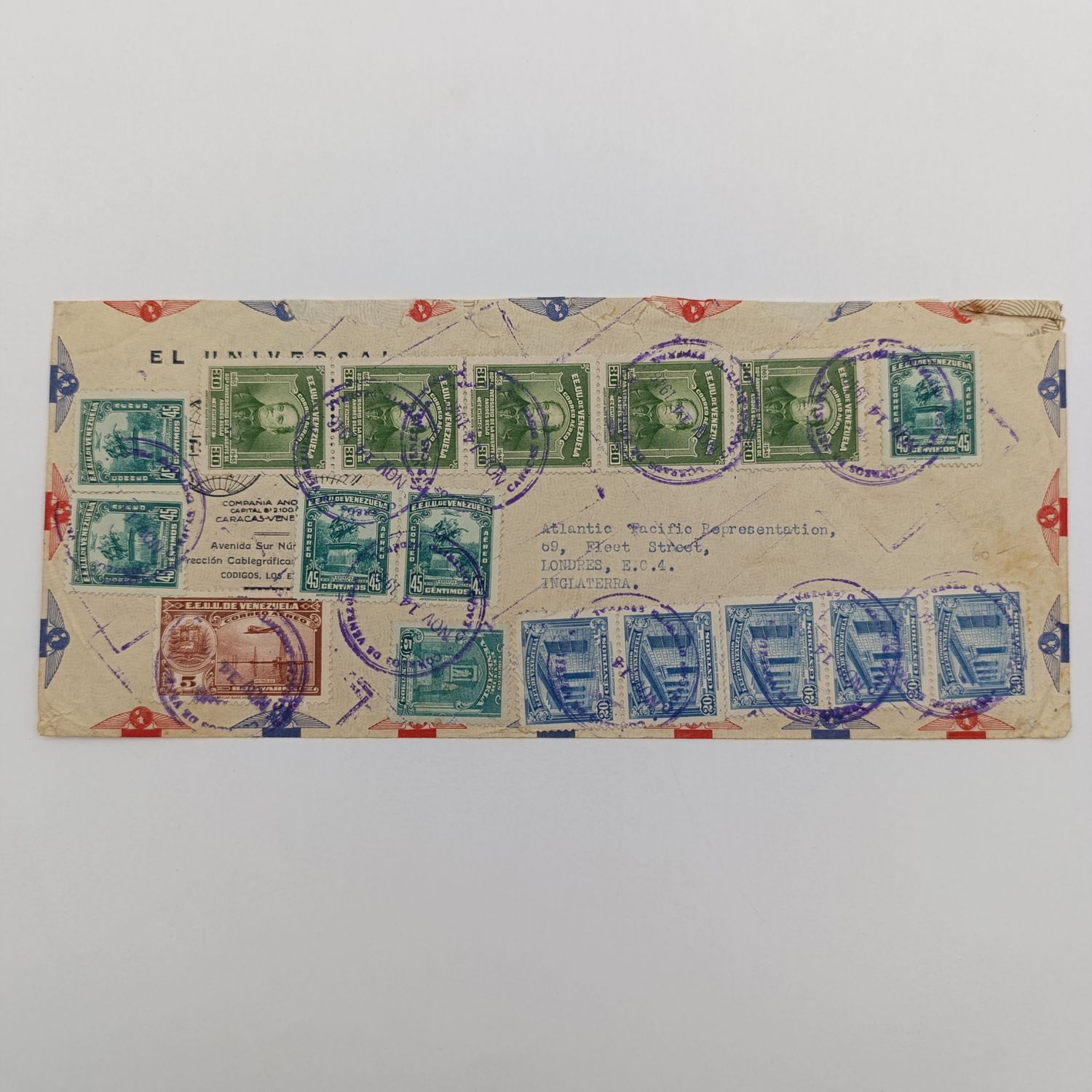 1946 - Lot of 17 Venezuela stamps on cover cancelled 14 Nov 1946 Venezuela to London England