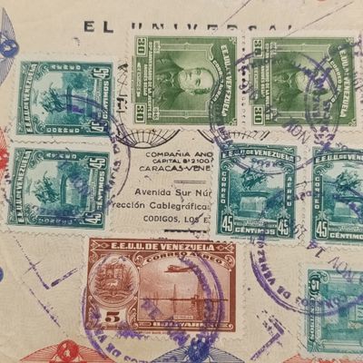 1946 - Lot of 17 Venezuela stamps on cover cancelled 14 Nov 1946 Venezuela to London England