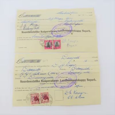 Pair of 1955 vintage cheques / Promissory notes Barberspan and Delareyville Cooperation stores