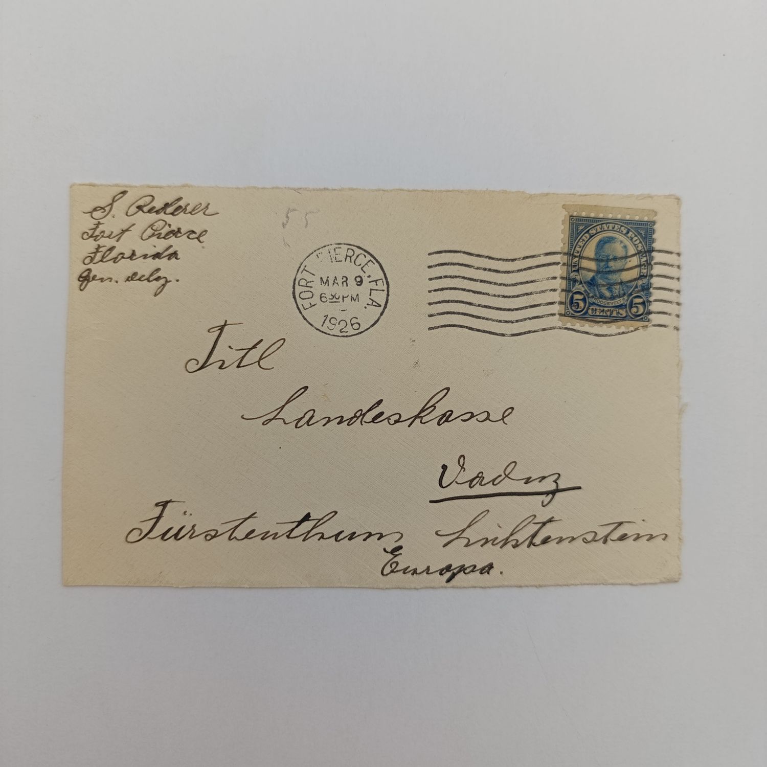 1926 Letter front posted for pierce, USA to Vadez, Liechtenstein with 5 cent cancelled US stamp