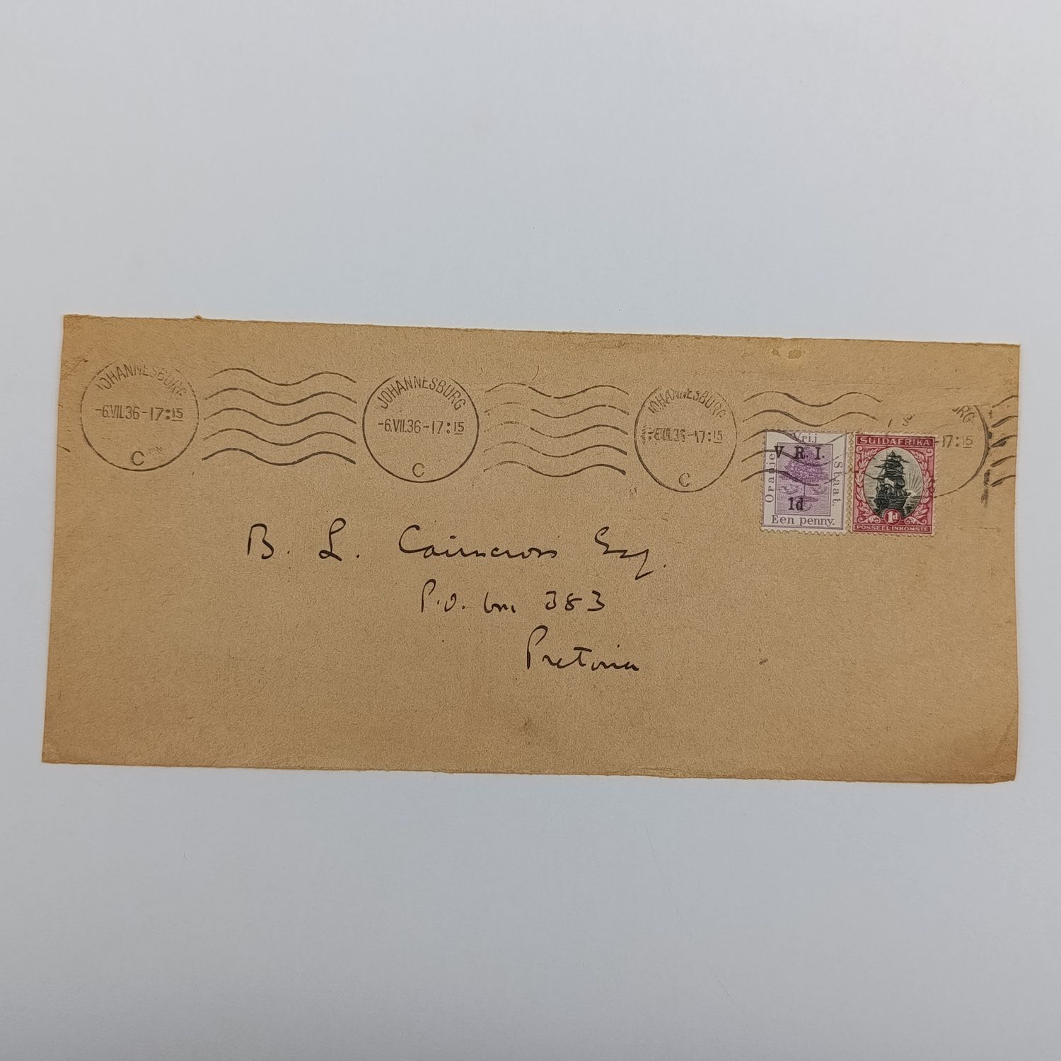 1936 Front Johannesburg to Pretoria with usage of 1d ship stamp and Orange Free State EEN Penny