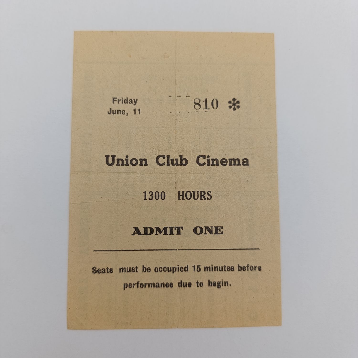Union club cinima ticket of unknown origin printed on Italian colonial coupon paper