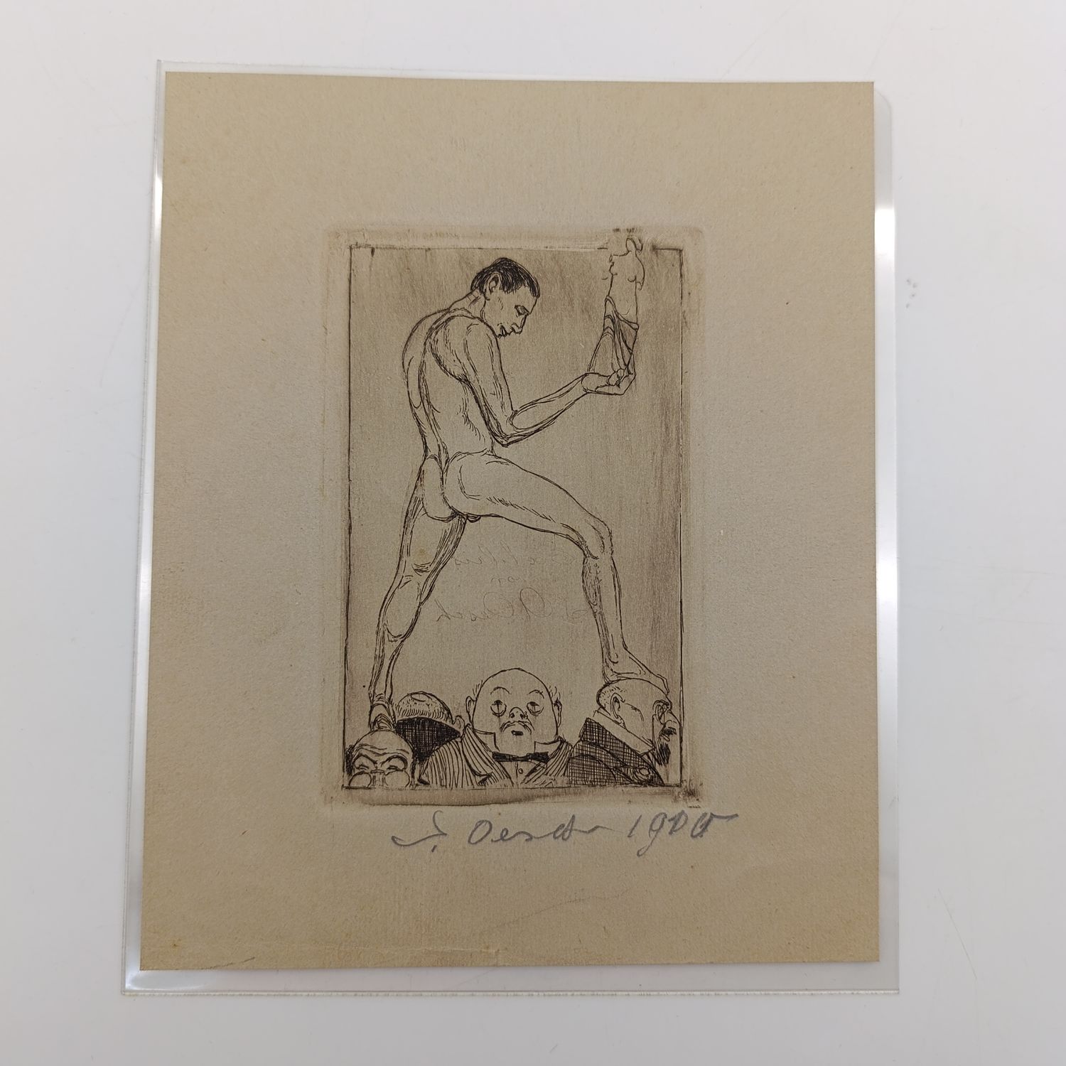 Antique pen sketch of nude man by Albert Sebastian Oesch