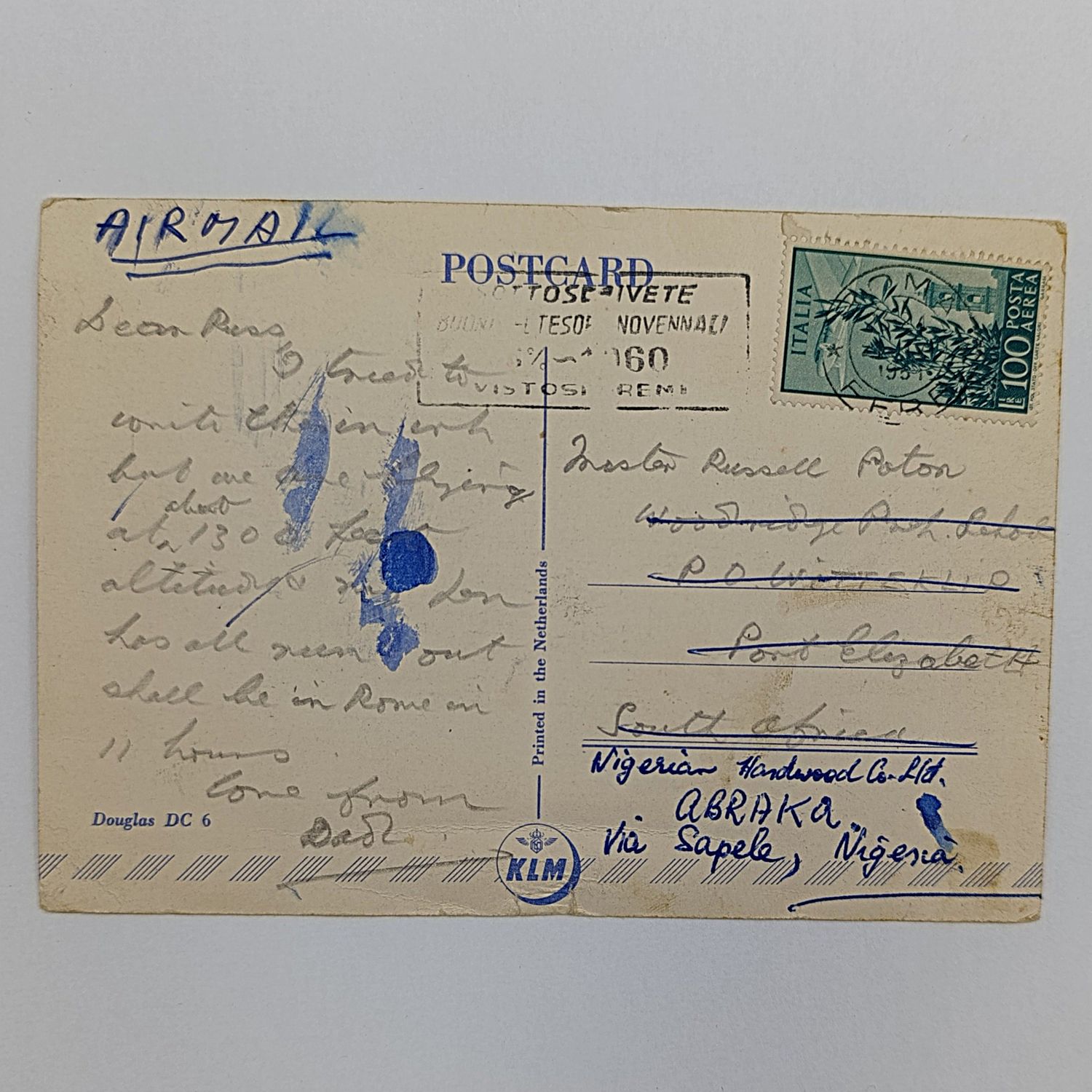 Postcard 1951 to Port Elizabeth, South Africa from Roma, Italy and rerouted to Abraka, Nigeria - picture of Douglas DC 6