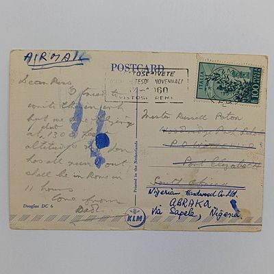 Postcard 1951 to Port Elizabeth, South Africa from Roma, Italy and rerouted to Abraka, Nigeria - picture of Douglas DC 6