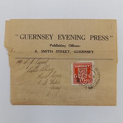 Guernsey Evening Press Newspaper wrapper posted Guernsey to Jersey from St Peter port post office with 1d Guernsey stamp - during German occupation of Guernsey posted 12 Sept 1941 during WW2