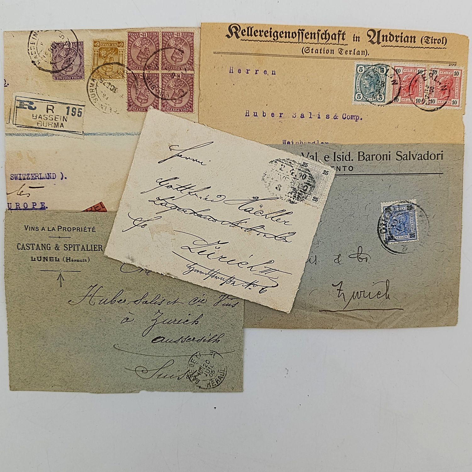 Lot of 5 letter fronts - all posted to Switzerland - oldest is 1890 - from various countries