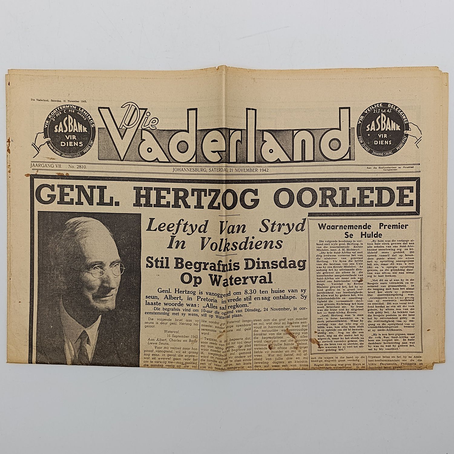Die Vaderland 1942 Genl Hertzog oorlede newspaper