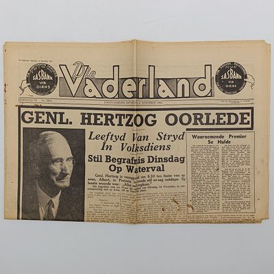 Die Vaderland 1942 Genl Hertzog oorlede newspaper