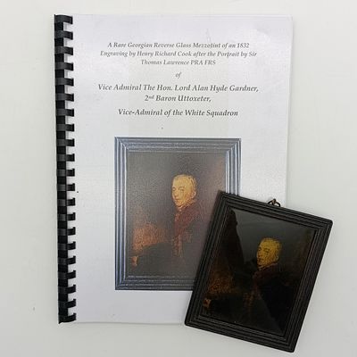 Rare Georgian Reverse Glass Mezzotint of an 1832 engraving by Henry Richard Cook of Vice Admiral Lord Alan Hyde Gardner with biography of Gardner