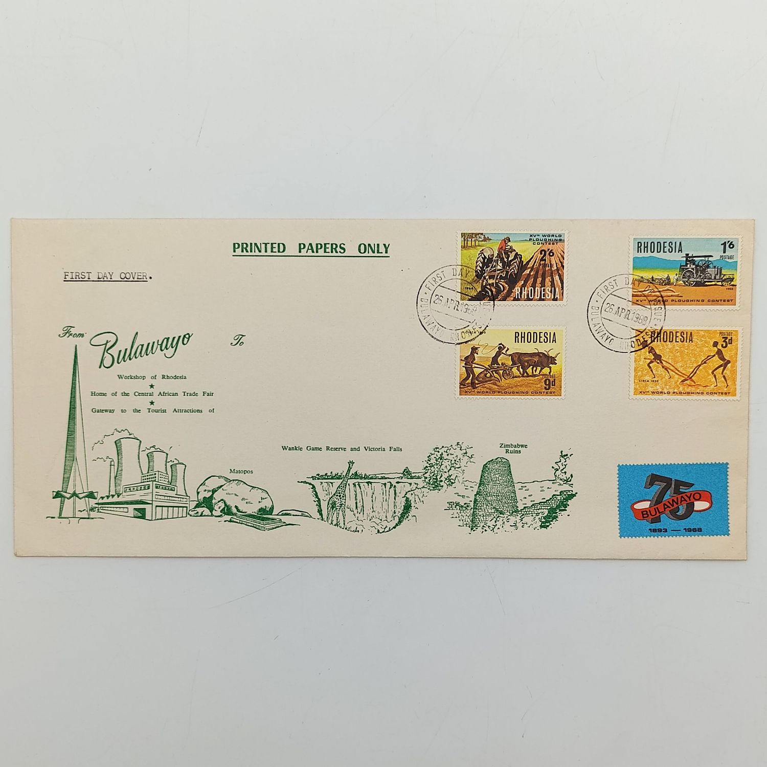 Rhodesia Bulawayo First Day Cover - world ploughing contest - with 75 years Bulawayo stamp