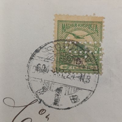 Hungarian stamp Sfiller with perfins used 1924 posted Sopron, Hungary to Zurich, Switzerland - all on letter front - with Nyomtatvany rubber stamp