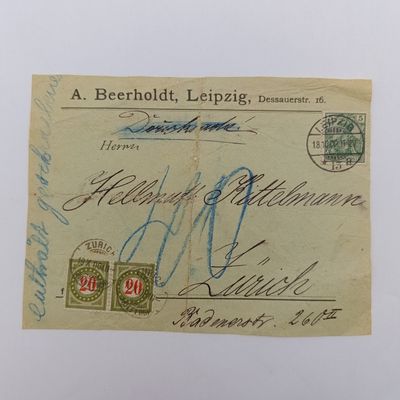 Postal front Leipzig, German Reich to Zurich, Swiss Canton posted 18-10-1900 and taxed with 2 x 20 heller stamps (postage due)